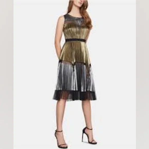 BCBGMaxAzria Dresses Bcbg Max Azria Black Gold Silver Pleated Dress Sz S Brand New Poshmark